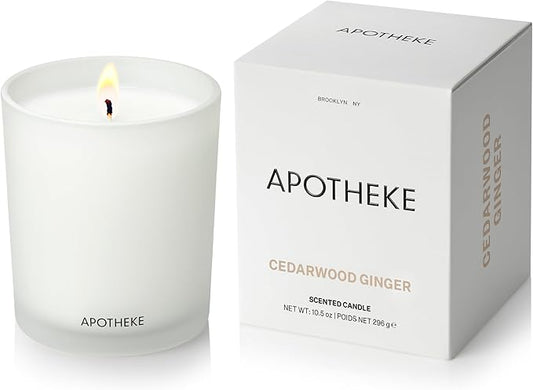 Apotheke Signature Scented Candles for Home, Cedarwood Ginger - 10.5 oz - Soy Wax, Non Toxic, Large Jar White - Luxury Candle Gifts for Women & Men - Patchouli, Red Tea, Fig, and Coconut - Bloomnest