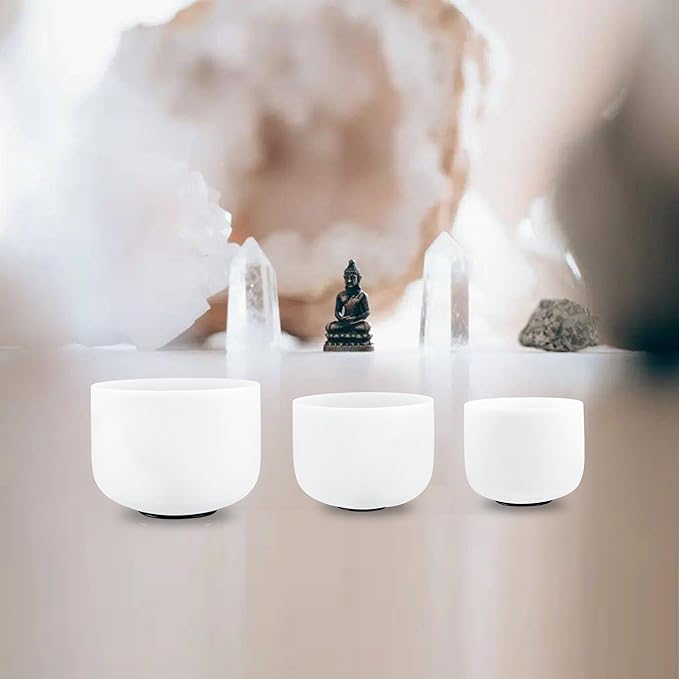 RYAN DVAN 432Hz Crystal Singing Bowls Set of 3 – 6" B Crown, 8" F Heart, 10" G Throat bowls,Quartz Chakra Sound Bowls for Meditation & Healing, with Case, Mallet & Suede Striker - Bloomnest