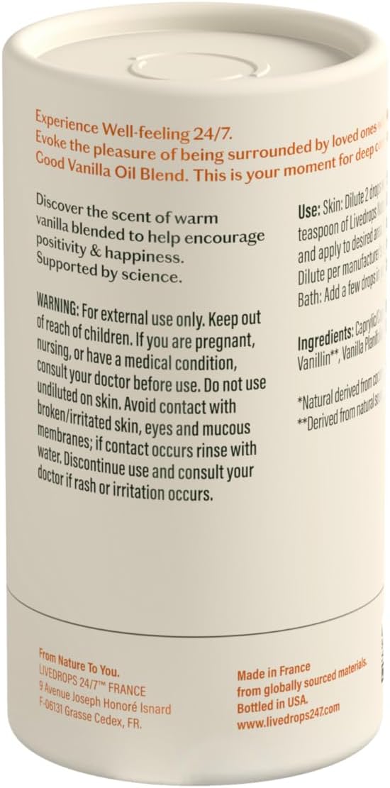 LIVEDROPS 24/7 Good Vanilla Essential Oil Blend, Natural Vegan Aromatherapy for Diffuser or Diluted Skin Use, Sweet Warm Creamy Scent, Made in France, Bottled in USA, Clinically Tested, 10ml - Bloomnest