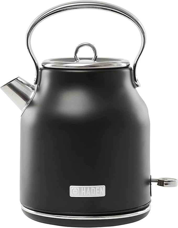 HADEN Heritage 1.7 Liter Stainless Steel Electric Kettle, Hot Water Kettle with 360-Degree Base and Auto Shutoff, Black & Chrome - Bloomnest