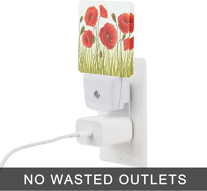 Red Flowers Night Light,Red Poppy Flowers and Ladybugs Plug-in Night Lights with Dusk-to-Dawn Sensor for Stairway/Hallway/Bedroom Sleep Friendly lamp for Women/Girls/Boys Gift,0.5W - Bloomnest