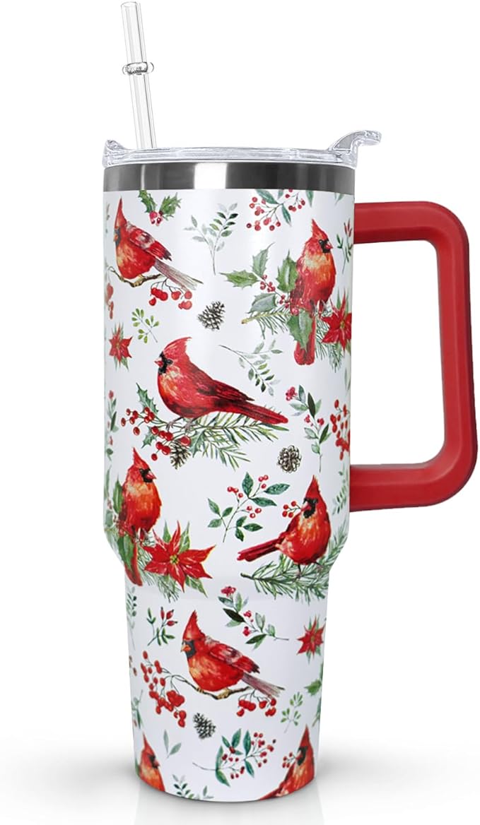 Ceovfoi 40 Oz Red Cardinal Tumbler With Handle,Christmas Coffee Travel Mug Cup, Red Cardinal Decor, Christmas Gifts for Women - Bloomnest