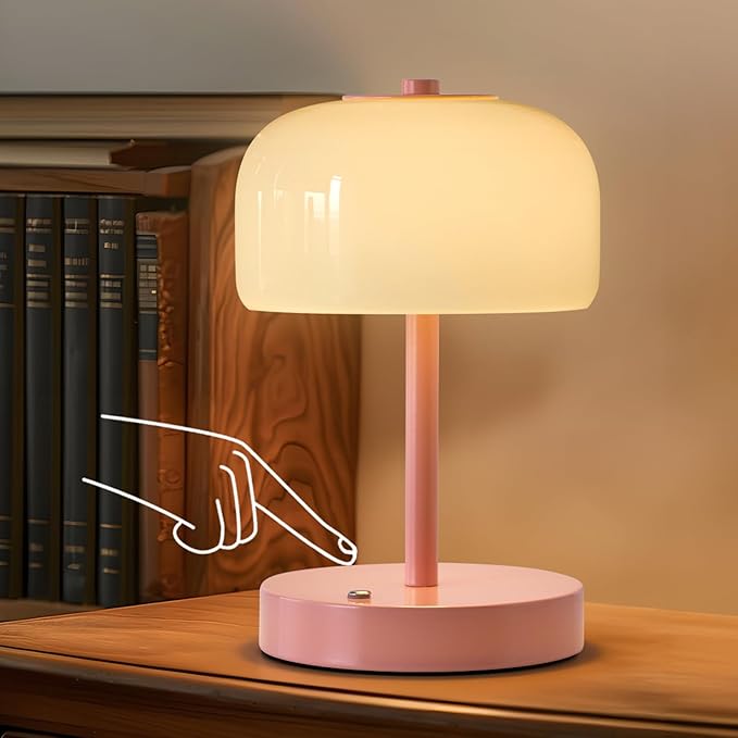 Oneach Portable Cordless Table Lamp, Rechargeable Battery Powered Lamp with Opal Glass Shade, 3-Way Dimmable LED Touch Mushroom Table Lamp for Bedroom, Bedside, Living Room, Dining Room, Patio, Pink - Bloomnest