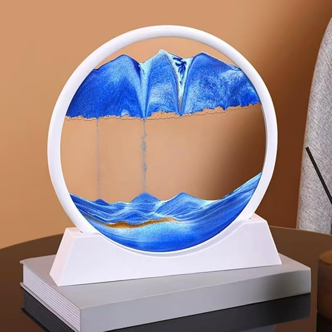 Moving Sand Art Picture in Motion, Round Tempered Glass 3D Deep Sea Sandscapes with Display Flowing Sand Frame for Relaxing Desktop Home Office Work Décor for kids adults （white frame blue, 12inch) - Bloomnest