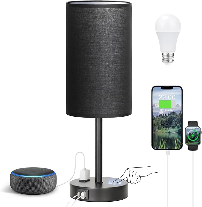 Fenmzee Touch Nightstand Lamp - Black, 3-Way Dimmable, USB A + C Charging, AC Outlet, 17.4inch Medium - Bloomnest