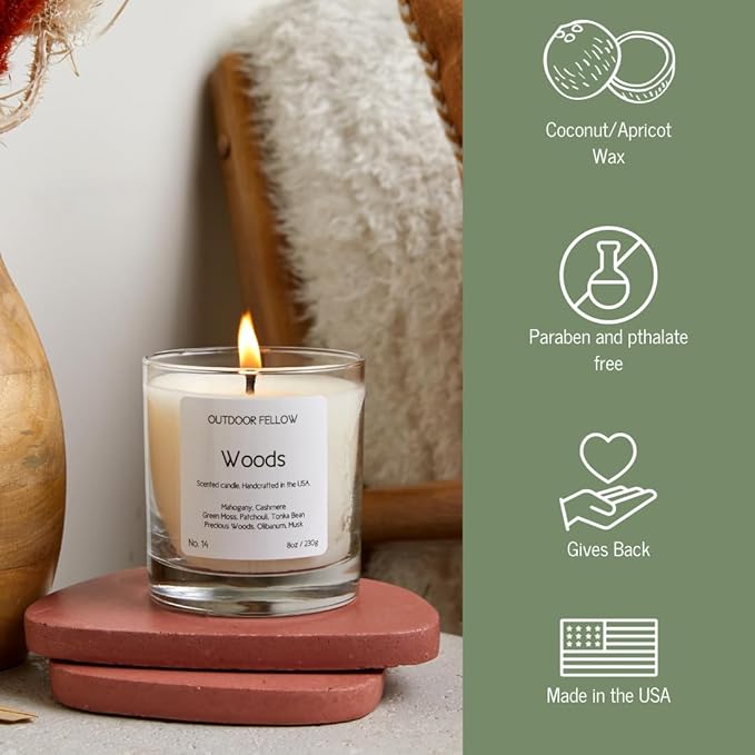 Outdoor Fellow Woods Scented Candle, 8oz, Coconut & Apricot Wax Blend, Mahogany, Cashmere, Patchouli, Tonka Bean, 40-50 Hour Burn Time, Earthy Home Fragrance - Bloomnest