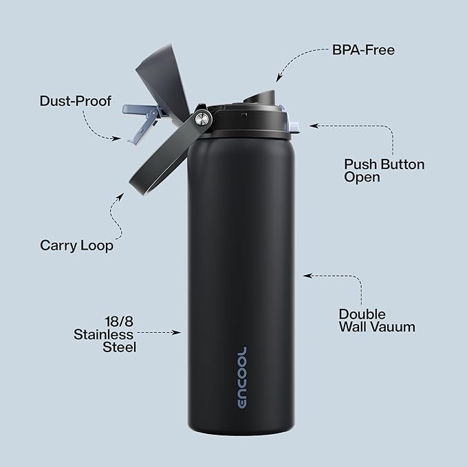 ENCOOL Insulated Water Bottle with Straw Stainless Steel Water Bottle with Push Button Lid, Leak-Proof & BPA-Free, Keeps Cold for 24 Hours for Sports, Travel, Gym (32 oz, Tuna Grey-Silver) ENCOOL