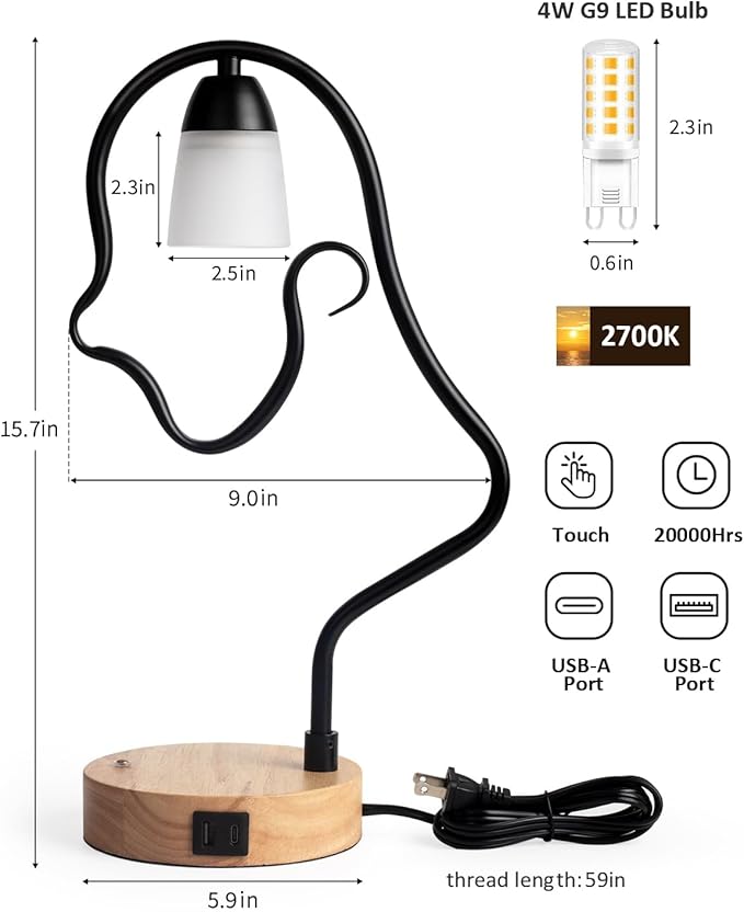Touch Control Modern Table Lamp - Creative Hat Desk Lamp with USB C and A Ports, Cute Bedside Lamp, Wooden Base,Glass Shade, Unique Lamps for Home Decor, Living Room, Gifts (Hat Not Included) - Bloomnest