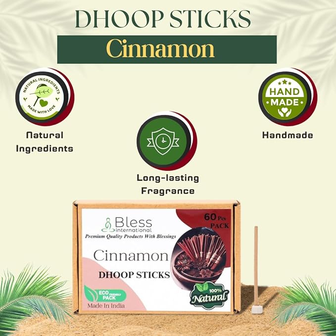 Bless-International Cinnamon-100%-Natural-Incense-Bambooless-Dhoop-Sticks Handmade-Organic-Chemicals-Free for-Purification-Relaxation-Positivity-Yoga-Meditation The-Best-scents-4.5-Inches-60-Sticks