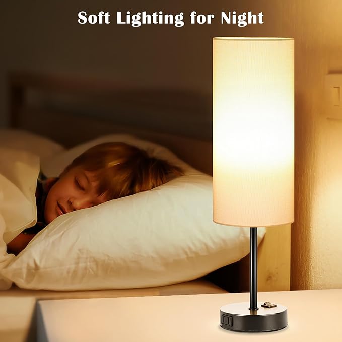 ZJOJO Table Lamp for Bedroom 2 Pack,18in Bedside Lamps with 3 Way Dimmable Rocker Switch & AC Outlet,Nightstand Desk Lamp with White Fabric Shade Black Basee for Living Room Home Decor Lights - Bloomnest