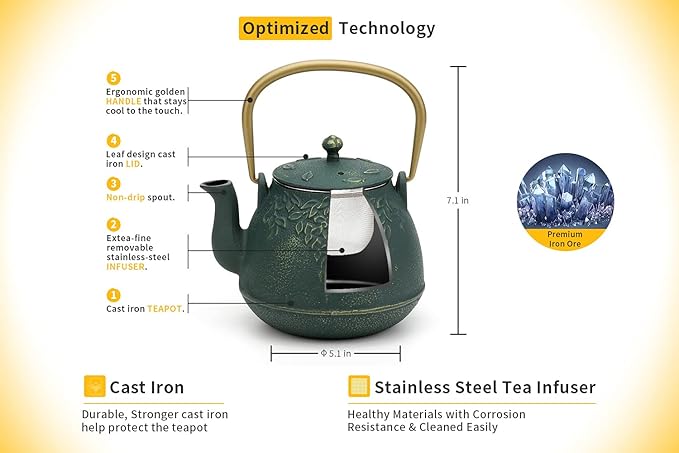 TOPTIER Japanese Cast Iron Tea Kettle with Infuser, Leaf Design Teapot Stovetop Safe Coated with Enameled Interior for 32 Ounce (950 ml), Dark Green - Bloomnest