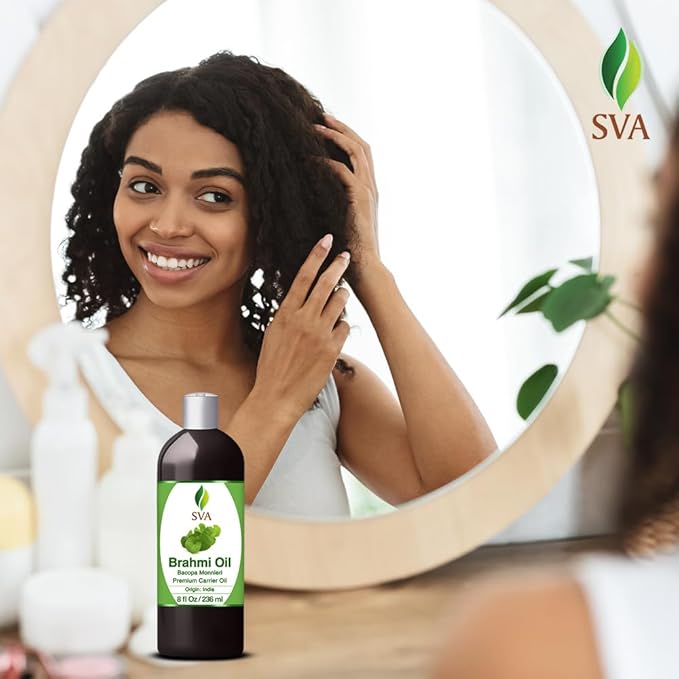 SVA Brahmi Oil - 8 Fl Oz – 100% Natural Cold Pressed Brahmi Oil - for Face, Skin Care, Hair Care, Scalp Massage & Body Massage – Carrier Oil with Pump - Bloomnest