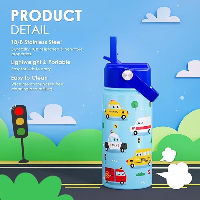 Transportation Kids Water Bottle With Straw Lid 12oz Insulated Stainless Steel, Travel Tumbler, Gifts For Boys, Birthday, Christmas, Back To School - Bloomnest