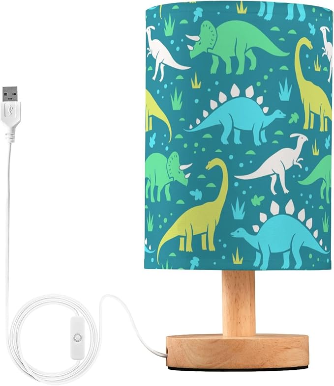 Table Lamp Cartoon Dinosaurs Grass Pattern Nightstand Lamp with Wood Base Fabric Lamp Shade Bedside Desk Lamp for Living Room Bedroom Kids Room Office - Bloomnest