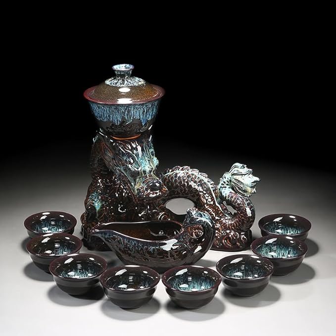 Chinese Gongfu Tea Set - Ceramic Teapot with Infuser, 8 Cups, Semi Automatic Dragon Design for Loose Leaf Tea