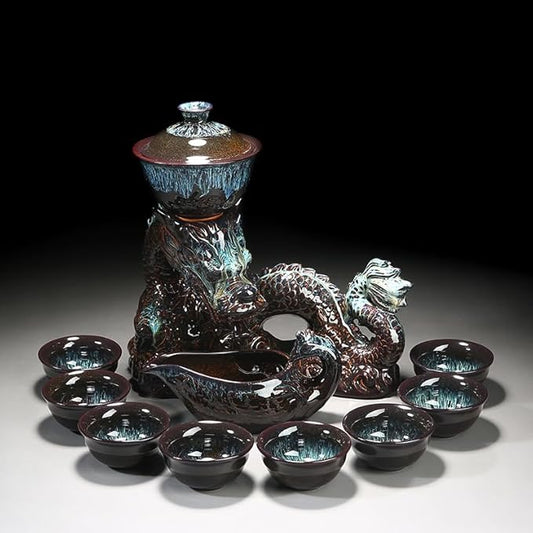 Chinese Gongfu Tea Set - Ceramic Teapot with Infuser, 8 Cups, Semi Automatic Dragon Design for Loose Leaf Tea