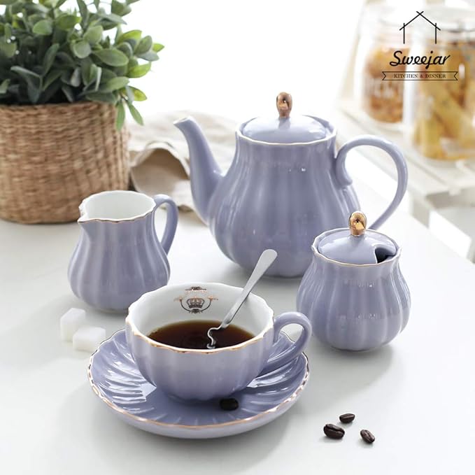 Sweejar Royal Teapot, Ceramic Tea Pot with Removable Stainless Steel Infuser, Blooming & Loose Leaf Teapot - 28 Ounce(Purple) - Bloomnest