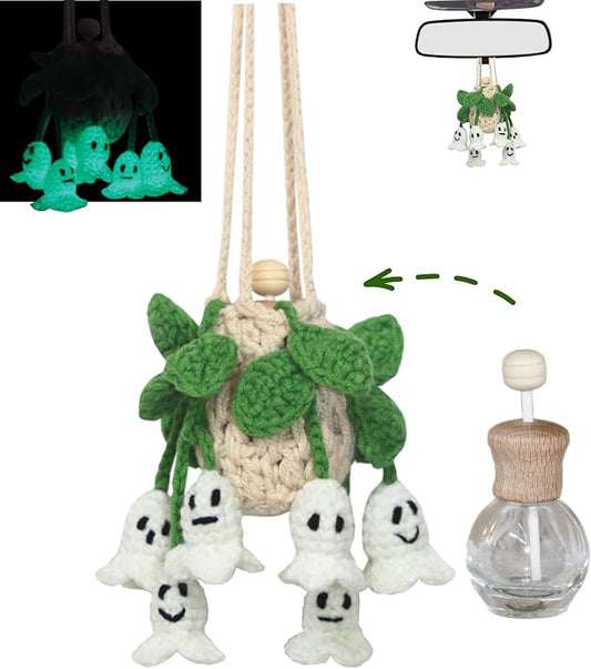Handmade Crochet Hanging Car Air Freshener - Glow-in-the-Dark Lily of the Valley Plant with 12ml Refillable Essential Oil Diffuser Bottle, Halloween Car Accessories & Bedroom Nightlight Decor - Bloomnest
