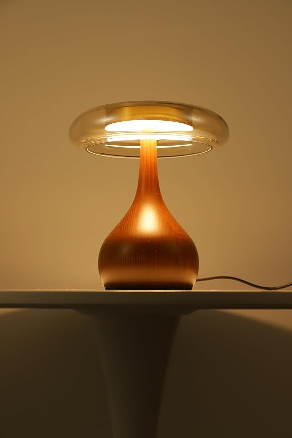 Small Table Lamp for Bedroom-Wooden Base Teardrop Mushroom Table Lamps,Amber Glass Shade,LED Three Color Temperature Adjustable Brightness Modern LED Side Table and Desk Lighting(H 9.7 in) - Bloomnest