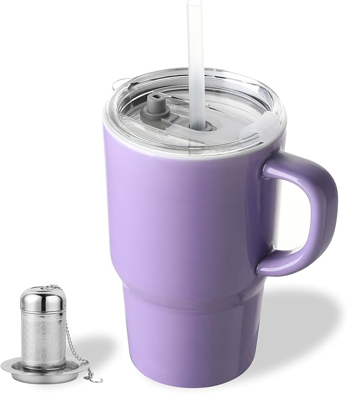 Sweejar Ceramic Travel Mug with Lid, 16 oz Portable Coffee Mug, Dishwasher Safe Tea Cup with Infuser, Reusable Teacup for Car Cup Holder, Tea Lovers(Purple) - Bloomnest