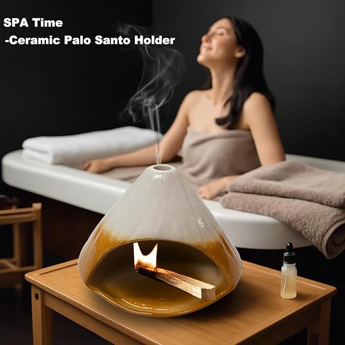 Ceramic Palo Santo Holder,Fuji Mountain Shape Incense Stick Burner for Yoga,Meditation,and Energy Cleansing Shower, Anxiety Relief for Women, Meditation with Gift Box (Brown and White) - Bloomnest
