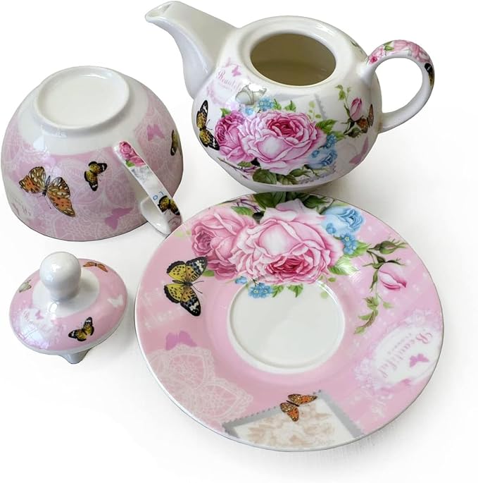 ONEUSTAR Tea for One Set Ceramic Floral Teapot and Cup Saucer Set for Women Afternoon Tea Mother's Day Gift in Reusable Gift Box, Pink Rose Flower - Bloomnest