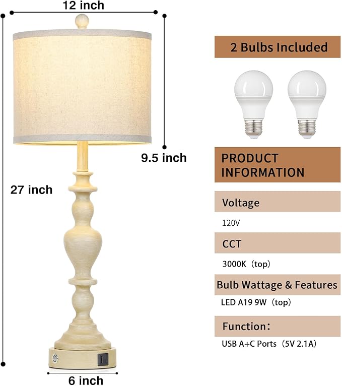 27" Vintage Farmhouse Table Lamps for Living Room Set of 2, Rustic Nightstand Lamps with USB C+A Ports, 3-Way Dimmable Retro Bedside Lamps for Bedroom Office 2 LED Bulbs Included Washed Antique Beige - Bloomnest