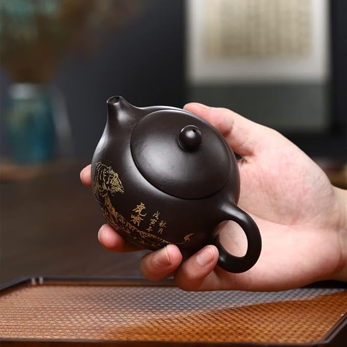 Xishi Teapot 7oz Chinese Yixing Zisha Clay Pot Ceramics Purple Sand Mud Kungfu Tea Set Kettle Spherical Filter (Black with golden tiger) - Bloomnest