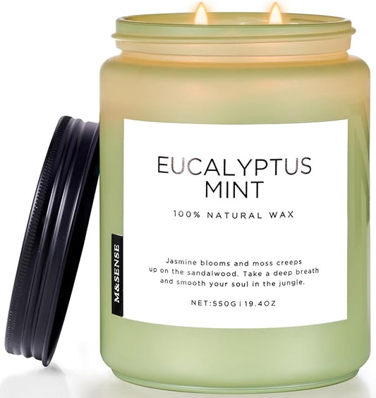 M&SENSE Eucalyptus & Mint Candles for Home Scented, 19.4oz 110 Hours Burn Soy Aromatherapy Candle Gift for Stress Relief, Meditation, Yoga, Relaxing SPA, Natural Soy Wax for Men and Women - Bloomnest