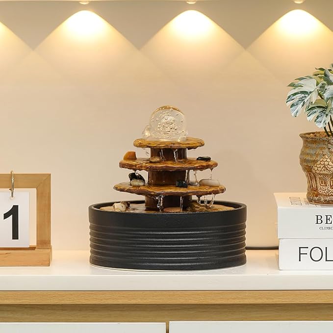 Outdoor and Indoor Ceramic Fountain Waterfall Water Feature Tabletop Home Office Kitchen Decoration (Black)