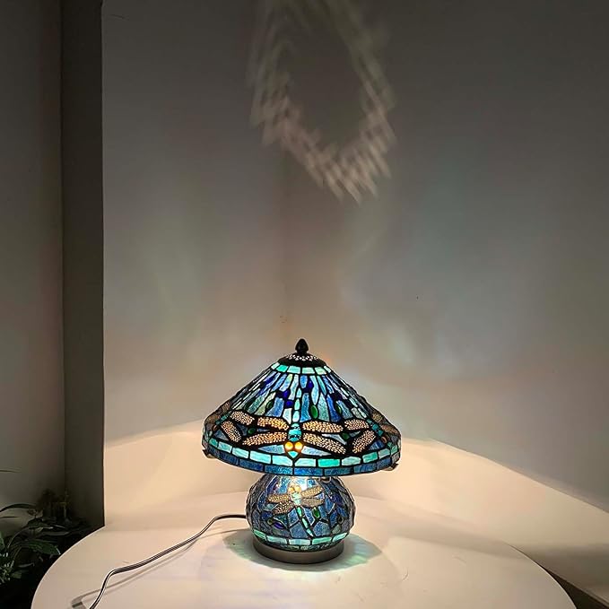 Bieye L10906 Tiffany Style Stained Glass Mushroom-Shaped Double Lit Table Lamp for Home Decor (10-inch, Blue Dragonfly)