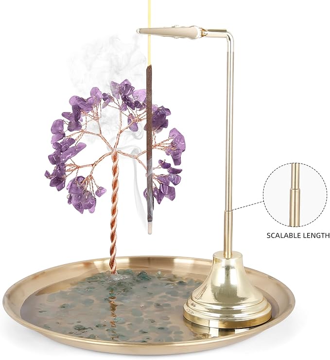 OTOFY 6.7 Inch Crystal Incense Holder for Sticks, Anti-Ash Flying Incense Burner with Crystal Stone Money Tree-Incense Burner for Meditation, Yoga and Home Decor (Purple) - Bloomnest