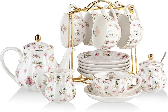 Porcelain Tea Sets British Royal Series, 8 OZ Cups & Saucer Service for 6, with Teapot Sugar Bowl Cream Pitcher Teaspoons and Tea Strainer, Suitable for High Tea, Wedding, Party（Spring Flowers） - Bloomnest