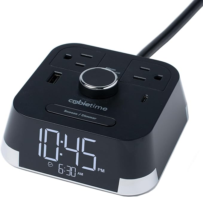 The Original Brandstand CubieTime | User Friendly & Convenient Alarm Clock Charger | 1 USB-A & 1 USB-C Port | 2 Tamper Resistant Outlets | As Seen in Top Hotel Brands