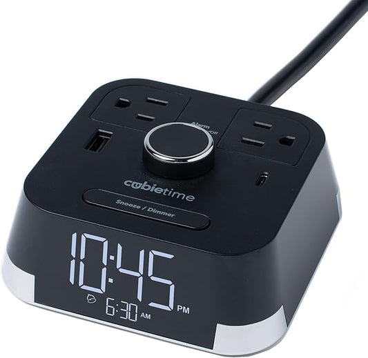The Original Brandstand CubieTime | User Friendly & Convenient Alarm Clock Charger | 1 USB-A & 1 USB-C Port | 2 Tamper Resistant Outlets | As Seen in Top Hotel Brands
