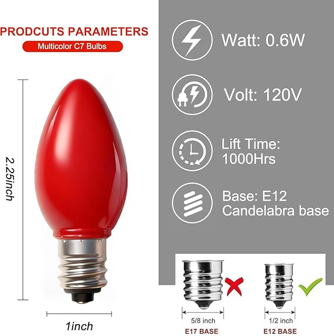 C7 Christmas Light Bulbs, 25 Pack C7 Red Replacement Bulbs 0.6W Night Light Bulbs Vintage LED Replacement Bulbs, C7/E12 Candelabra Base, 0.6 Watt - Bloomnest