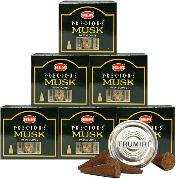 TRUMIRI Incense Cone Holder Bundle with Hem Precious Musk Incense Cones - Pack of 6 (Approx 60 Cones) TRUMIRI