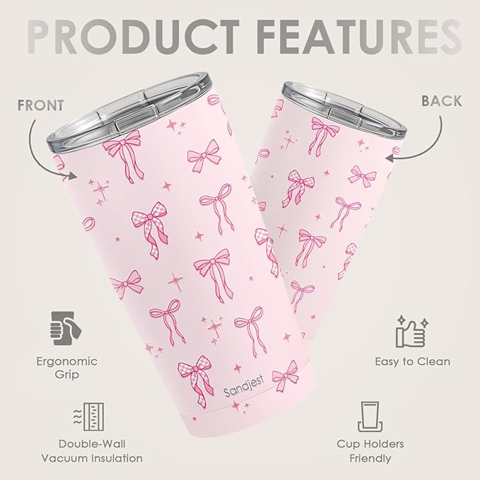 SANDJEST Bow Tumbler 20oz, Stainless Steel Travel Cup with Lid, Insulated Coffee Mug, Bow Gifts for Women Girls Friends Sisters on Birthday Christmas (Pink) - Bloomnest