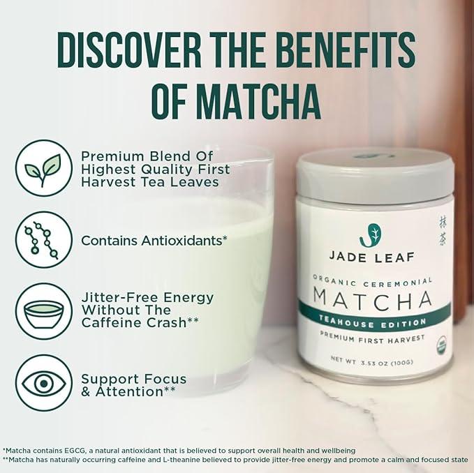 Jade Leaf Matcha Organic Premium Ceremonial Grade Matcha Green Tea Powder - Japanese - Culinary, Ingredient, Ceremonial Barista Teahouse, Latte, Collagen, 3.53 Ounce (Pack of 1), Ceremonial Teahouse Tin - Bloomnest