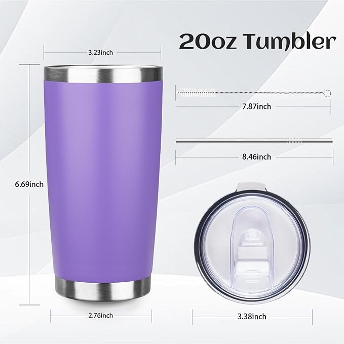 20oz Tumbler Bulk with Lid and Straw, Stainless Steel Double Wall Vacuum Insulated Travel Mug, Powder Coated Coffee Cups for Hot and Cold Drinks,Funny Gifts for Women Men(Purple,1) - Bloomnest