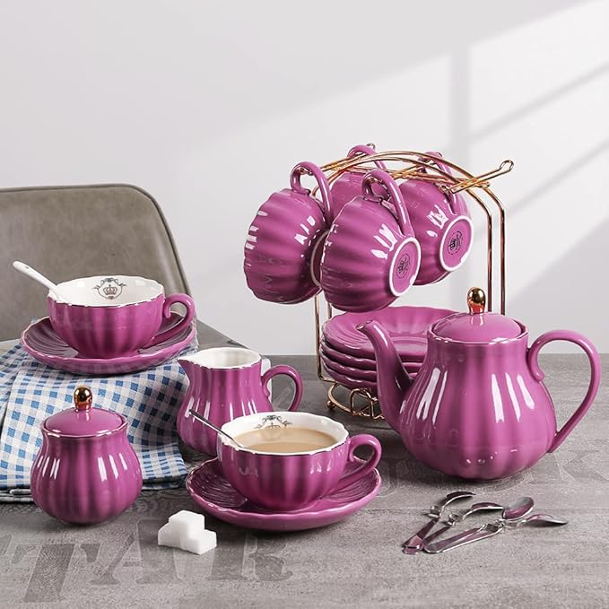 Porcelain Tea Sets British Royal Series, 8 OZ Cups& Saucer Service for 6, with Teapot Sugar Bowl Cream Pitcher Teaspoons and Tea Strainer, Suitable for High Tea, Wedding, Party (Violet) - Bloomnest