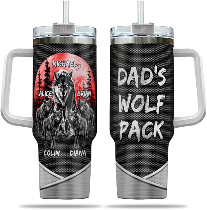 Personalized Dad Wolf Pack Tumbler 40oz with Handle and Straw, Custom Name Stainless Steel Cup with Wolves and Kids' Names, Unique Gift for Father’s Day, Birthday or Christmas - Bloomnest
