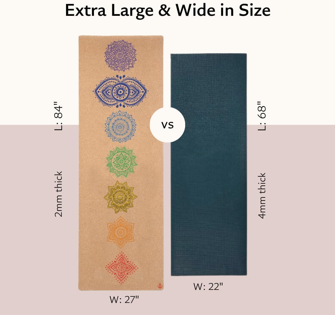 Shakti Warrior Chakra Cork Yoga Mat - Extra Long & Wide, Non Slip, Non Toxic, Great for Yoga, Pilates & Workout (84 x 27 x 2mm Thick)
