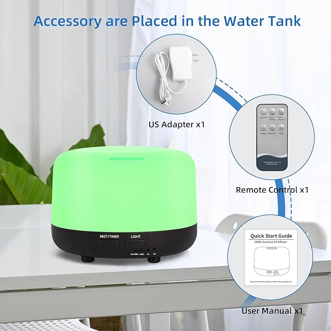 300ML Essential Oil Diffuser, Electric Ultrasonic Aromatherapy Air Humidifier vaporiser, Aroma Diffuser with Remote Control 7 LED Light Colors Waterless Auto-Off. - Bloomnest
