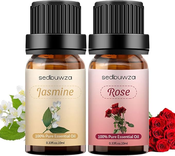 Sedbuwza Rose Jasmine Essential Oil Set, Rose Fragrance Oil Jasmine Scent Oil Set for Diffuser, Aromatherapy, Massage, Soap, Candle Making 2 x 10 ml Sedbuwza