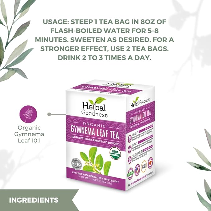 Gymnema Leaf Tea | 100% Organic Herbal Tea for Healthy Metabolism | Natural Sweet Cravings Support | Caffeine-Free, Keto-Friendly, Vegan, Gluten & GMO-Free | 24 Unbleached Tea Bags - Bloomnest
