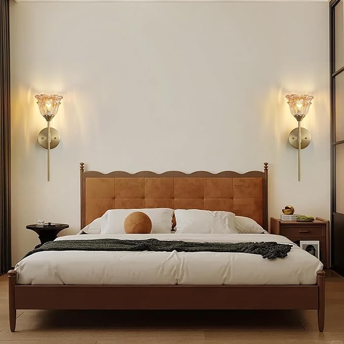 2 Pack Gold Wall Sconce with Modern Amber Glass Shades, Modern Mid Century Bathroom Vanity Wall Light Fixtures, Industrial Brushed Brass Wall Lamp, for Bedroom Mirror Living Room, ETL Listed - Bloomnest