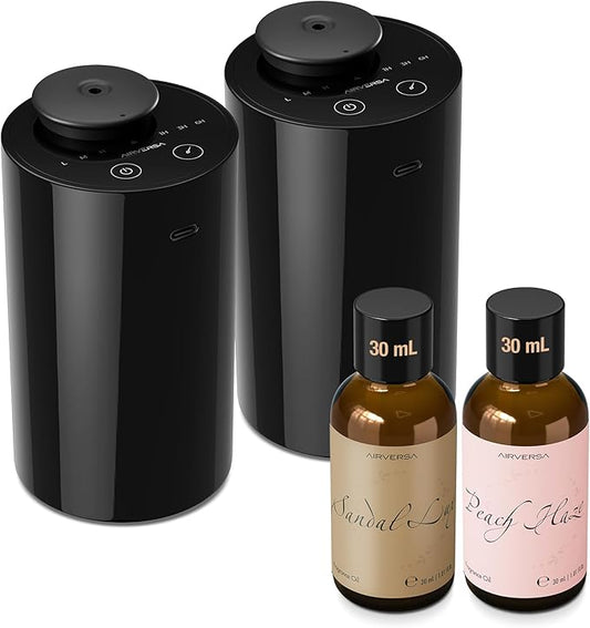 Airversa Waterless Essential Oil Diffuser Starter Kit with 2 x 30mL Fragrance Oil, Battery Operated Mini Scent Air Machine Portable Diffuser for Home Car Office Room, Black AN6 2 Packs Kit - Bloomnest