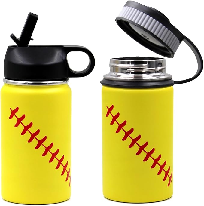 12 oz Softball Water Bottle, Wide Mouth Sports Flask Metal Travel Tumbler with 2 Lids, Stainless Steel Double Wall Vacuum Insulated Leak Proof Thermo Water Bottles, Softball Stuff Gifts for Mom Girls - Bloomnest
