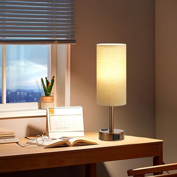 Fenmzee Brown Bedside Table Lamp for Bedroom - 3 Way Dimmable Touch Lamp USB C Charging Ports and AC Outlet, Small Lamp Round Flaxen Fabric Shade for Living Room, Desk, LED Bulb Included - Bloomnest